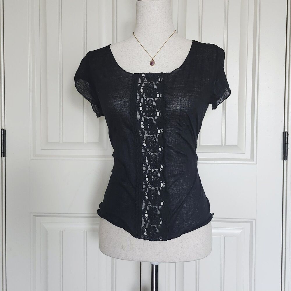 Black Sheer Lace Scoop Neck Top Size M